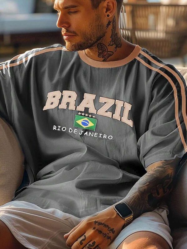 T-shirt casual à manches courtes, de couleur unie et rayé, avec un graphique du drapeau du Brésil à la mode, pour homme. Printemps/Été 2025 – Image 8