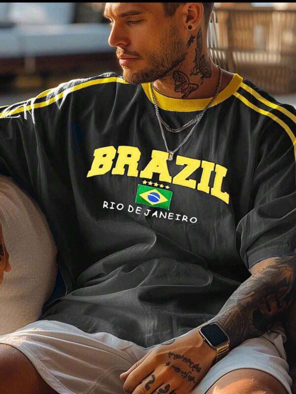 T-shirt casual à manches courtes, de couleur unie et rayé, avec un graphique du drapeau du Brésil à la mode, pour homme. Printemps/Été 2025 – Image 11