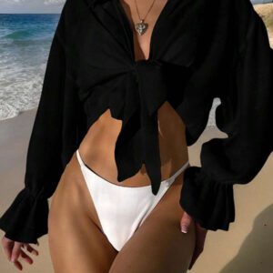 SHEIN Swim Kimono d'été sans soutien-gorge avec manches à volants et nœud devant, blouse verte