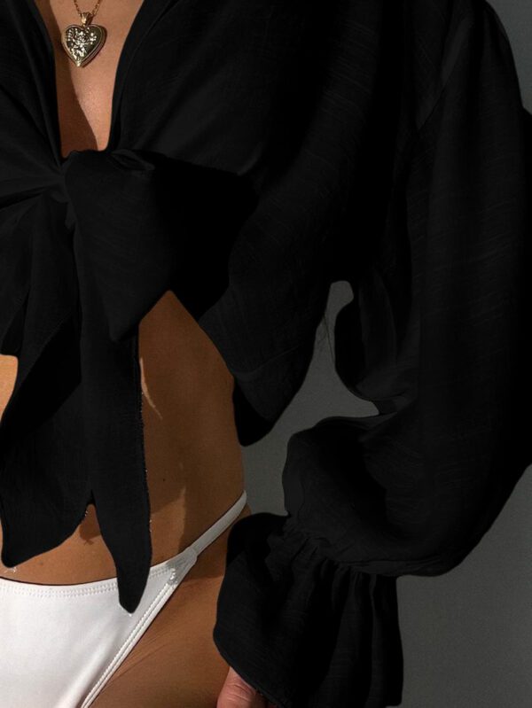 SHEIN Swim Kimono d'été sans soutien-gorge avec manches à volants et nœud devant, blouse verte – Image 10