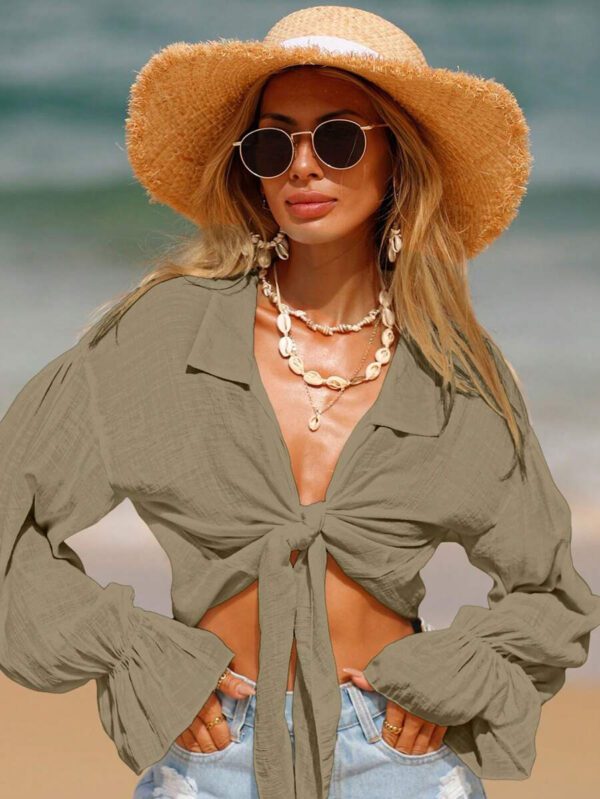 SHEIN Swim Kimono d'été sans soutien-gorge avec manches à volants et nœud devant, blouse verte – Image 24