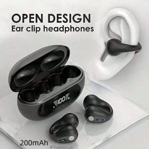 Écouteurs sans fil à clip d'oreille pour l'automne, écouteurs sans fil compatibles Bluetooth avec boîtier de chargement à affichage numérique, conception d'écouteurs à oreilles ouvertes pour le sport, la course, la salle de gym, le bureau, écouteurs sans fil 200mAh