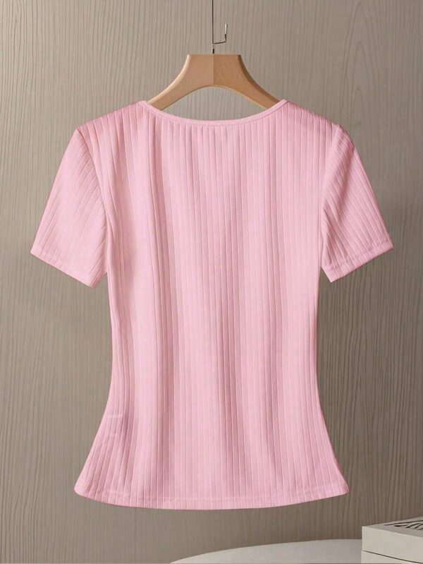 GlowEve T-shirt décontracté col V unicolore à manches courtes et simple boutonnage pour femmes, été – Image 13