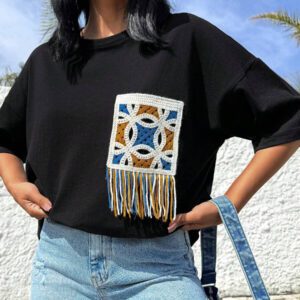 RueChic T-shirt rond oversize décontracté en 100% coton avec appliqué au crochet sur la poitrine