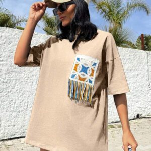 RueChic T-shirt rond oversize décontracté en 100% coton avec appliqué au crochet sur la poitrine
