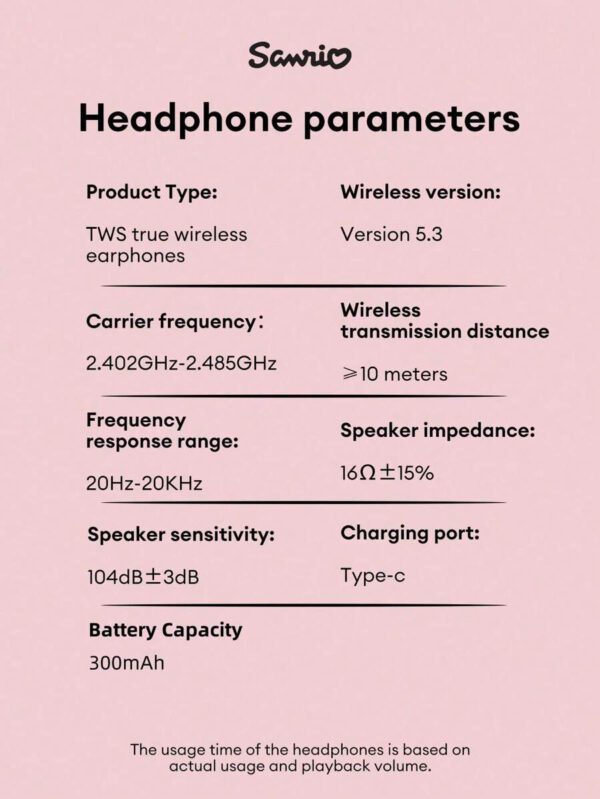 Sanrio Écouteurs Bluetooth SAANRIO KUROMI BL51, intra-auriculaires, son stéréo surround HIFI de haute qualité, microphone HD 5,3, réduction intelligente du bruit, musique et jeux, faible latence, longue durée de vie de la batterie, port confortable avec réduction passive du bruit, écouteurs sans fil – Image 21