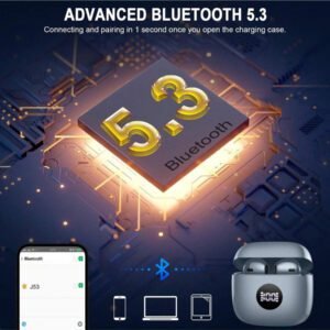 Écouteurs sans fil, écouteurs Bluetooth 5.3 avec affichage de puissance LED, casque stéréo basse, écouteurs intra-auriculaires avec réduction de bruit et microphone, 40h de lecture, étui de transport mini étanche IP7 pour activités sportives, pour Android, iOS, Apple iPhone, iPad, ordinateurs portables, cadeaux pour la famille, les amis, les enfants, Halloween, automne