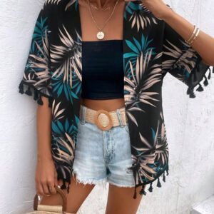 Swim Vcay Kimono d'été à imprimé tropical de plage avec garniture à franges