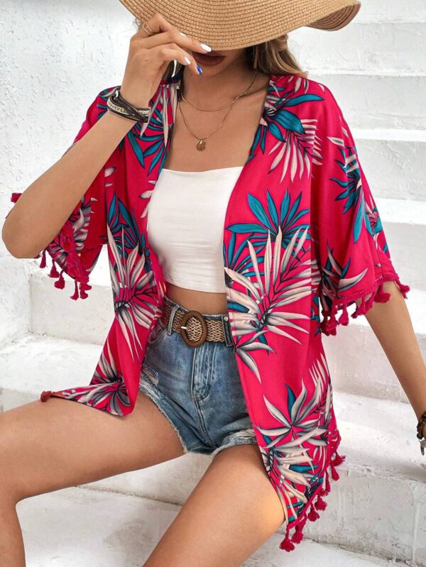Swim Vcay Kimono d'été à imprimé tropical de plage avec garniture à franges – Image 18