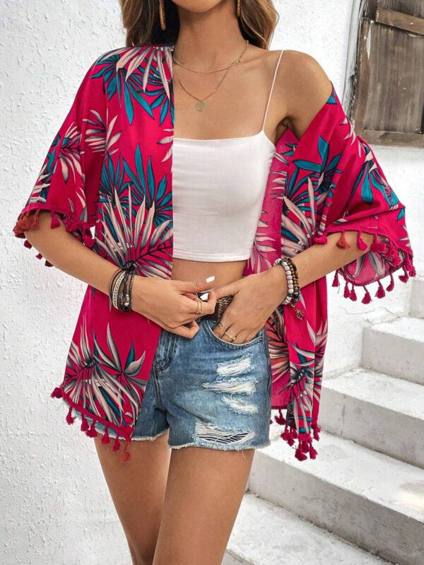 Swim Vcay Kimono d'été à imprimé tropical de plage avec garniture à franges – Image 19
