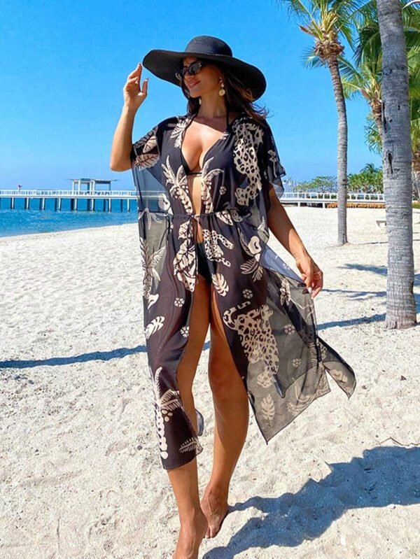 Swim Vcay Robe de plage de vacances pour femmes avec imprimé léopard, palmier graphique, manches mi-longues, taille froncée, robe de plage transparente en maille maxi – Image 4