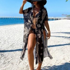 Swim Vcay Robe de plage de vacances pour femmes avec imprimé léopard, palmier graphique, manches mi-longues, taille froncée, robe de plage transparente en maille maxi