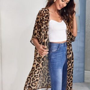 SHEIN VCAY Kimono en mousseline de soie léopard à fente fendue et à l'avant ouvert, pour l'été