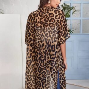 SHEIN VCAY Kimono en mousseline de soie léopard à fente fendue et à l'avant ouvert, pour l'été