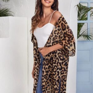 SHEIN VCAY Kimono en mousseline de soie léopard à fente fendue et à l'avant ouvert, pour l'été