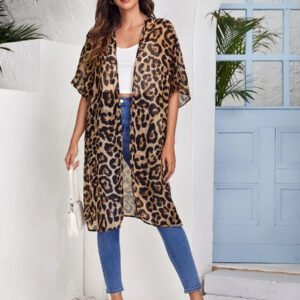 SHEIN VCAY Kimono en mousseline de soie léopard à fente fendue et à l'avant ouvert, pour l'été