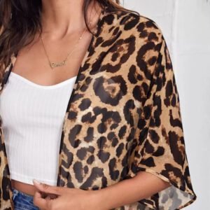 SHEIN VCAY Kimono en mousseline de soie léopard à fente fendue et à l'avant ouvert, pour l'été