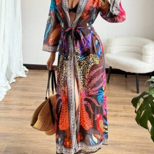 Swim Lushoire Cardigan en mousseline de soie transparente à imprimé tropical, style vacances à la plage
