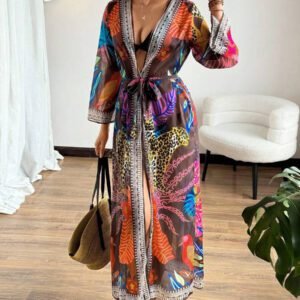 Swim Lushoire Cardigan en mousseline de soie transparente à imprimé tropical, style vacances à la plage
