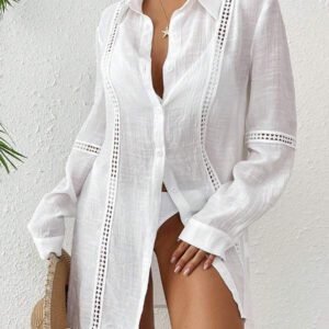 Swim Vcay Femmes Kimono de cache-maillot unie à manches longues avec boutonnage simple, décontracté