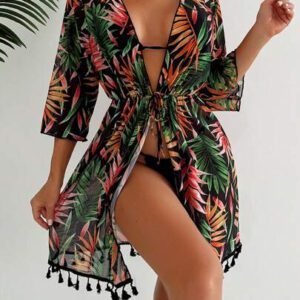 SHEIN Swim Couverture Style Kimono Impression Intégrale Pour Femmes Avec Ceinture À La Taille, Impression Aléatoire