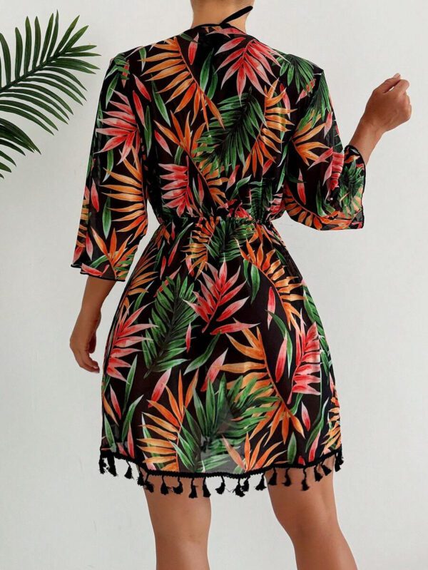 SHEIN Swim Couverture Style Kimono Impression Intégrale Pour Femmes Avec Ceinture À La Taille, Impression Aléatoire – Image 3