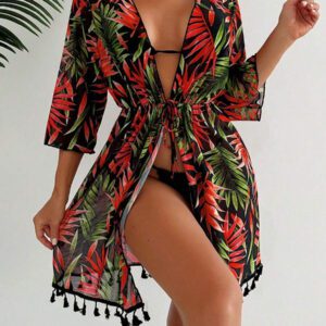 SHEIN Swim Couverture Style Kimono Impression Intégrale Pour Femmes Avec Ceinture À La Taille, Impression Aléatoire