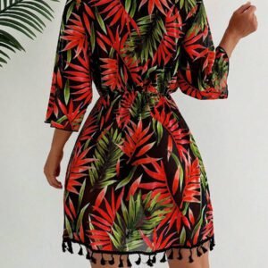 SHEIN Swim Couverture Style Kimono Impression Intégrale Pour Femmes Avec Ceinture À La Taille, Impression Aléatoire