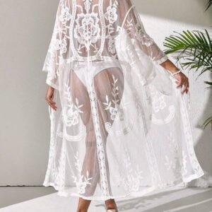 Swim Vcay Kimono long en maille à fleurs pour femmes avec manches évasées. Couvre-plage