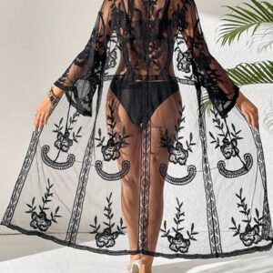 Swim Vcay Kimono long en maille à fleurs pour femmes avec manches évasées. Couvre-plage