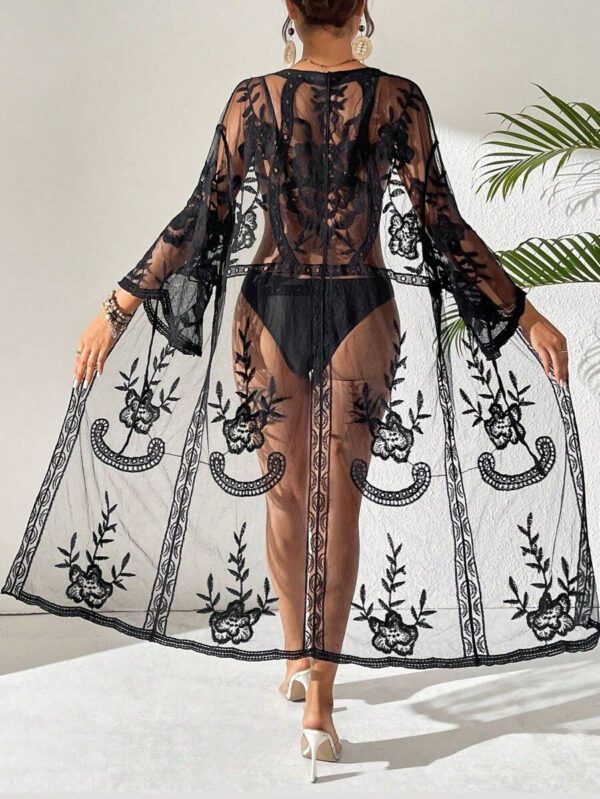 Swim Vcay Kimono long en maille à fleurs pour femmes avec manches évasées. Couvre-plage – Image 9