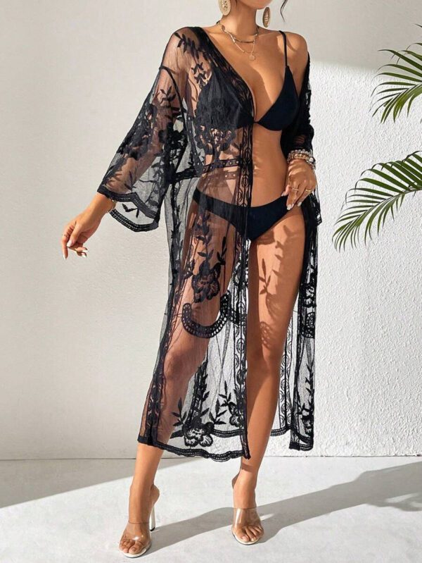 Swim Vcay Kimono long en maille à fleurs pour femmes avec manches évasées. Couvre-plage – Image 10