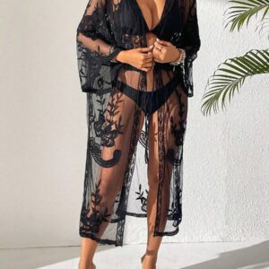 Swim Vcay Kimono long en maille à fleurs pour femmes avec manches évasées. Couvre-plage