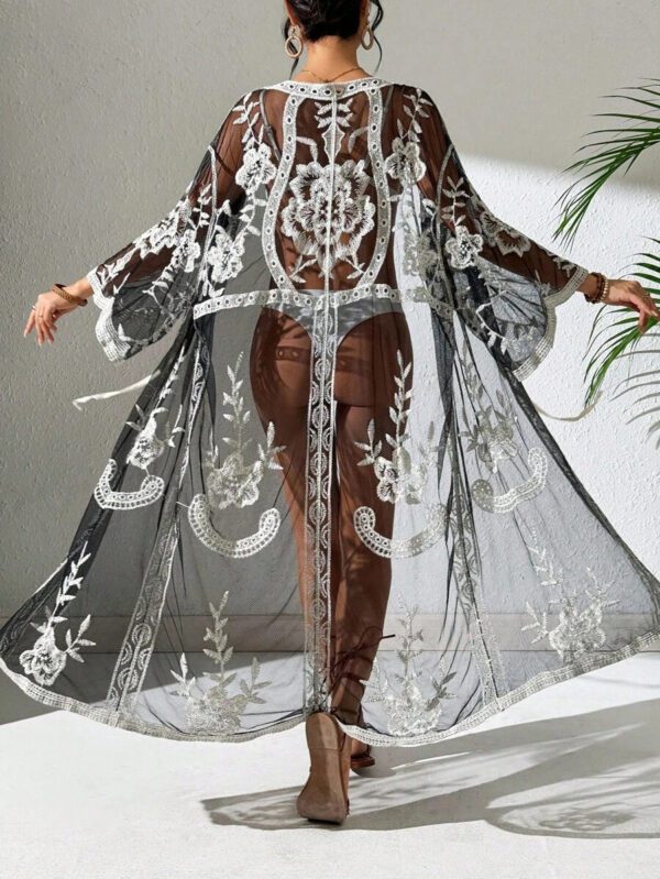 Swim Vcay Kimono long en maille à fleurs pour femmes avec manches évasées. Couvre-plage – Image 16
