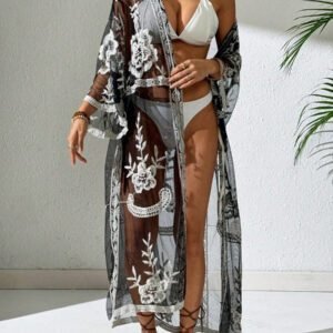 Swim Vcay Kimono long en maille à fleurs pour femmes avec manches évasées. Couvre-plage