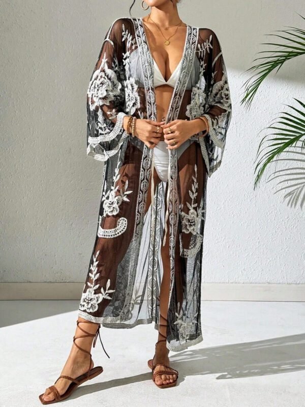 Swim Vcay Kimono long en maille à fleurs pour femmes avec manches évasées. Couvre-plage – Image 21