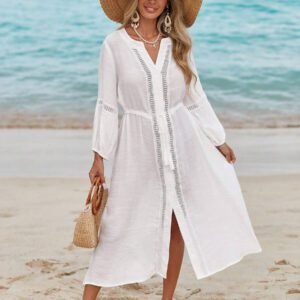 Swim Vcay Robe d'été de vacances de plage pour femmes, couleur unie, manches 3/4 fendu, patchwork de dentelle à franges avec nœud devant et boutonné, style casual