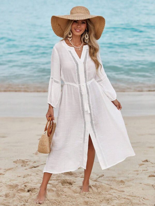 Swim Vcay Robe d'été de vacances de plage pour femmes, couleur unie, manches 3/4 fendu, patchwork de dentelle à franges avec nœud devant et boutonné, style casual – Image 2