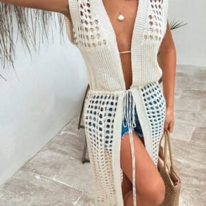 SHEIN Gilet couvrant en tricot à couleur unie et décolleté noué devant pour femmes