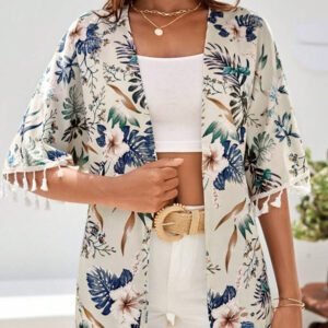 Swim Vcay Kimono d'été avec imprimé tropical et bordure à franges