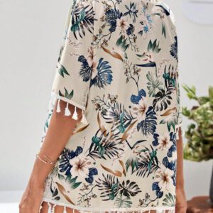 Swim Vcay Kimono d'été avec imprimé tropical et bordure à franges