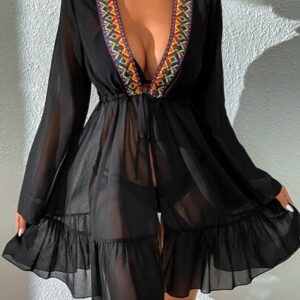 SHEIN Swim Kimono géométrique à volants à nœud