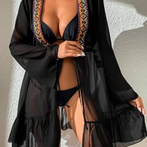 SHEIN Swim Kimono géométrique à volants à nœud