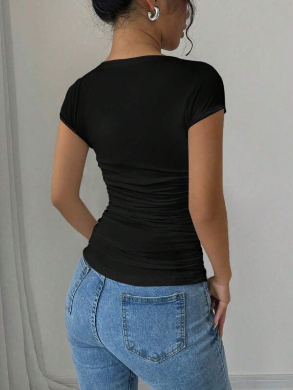 Gloray T-shirt en tricot élastique pour femmes avec manches raglan moulantes, col en U, taille froncée, , pour printemps/été – Image 24