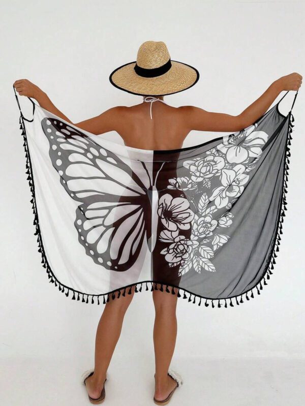 SHEIN Swim Kimono femme d'été, couvre-tout pour vacances à la plage, avec imprimé coloré papillon floral et frange, à bretelles spaghetti – Image 3