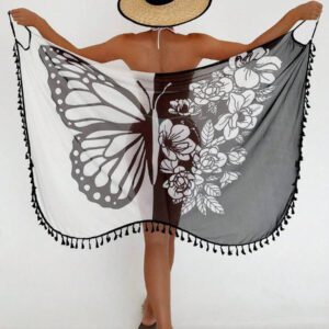 SHEIN Swim Kimono femme d'été, couvre-tout pour vacances à la plage, avec imprimé coloré papillon floral et frange, à bretelles spaghetti