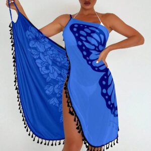 SHEIN Swim Kimono femme d'été, couvre-tout pour vacances à la plage, avec imprimé coloré papillon floral et frange, à bretelles spaghetti