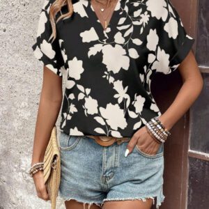 EMERY ROSE Femme Vacances d'été Couleur unie Grande fleur Col V Évasé Manches Courtes Ample Chemise, Top Manches Courtes