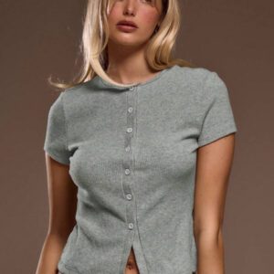 MUSERA T-shirt à manches courtes à col ras-du-cou côtelé avec boutons, printemps été, mignon, quotidien, aéroport, vacances, rentrée scolaire, automne hiver
