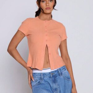 MUSERA T-shirt à manches courtes à col ras-du-cou côtelé avec boutons, printemps été, mignon, quotidien, aéroport, vacances, rentrée scolaire, automne hiver